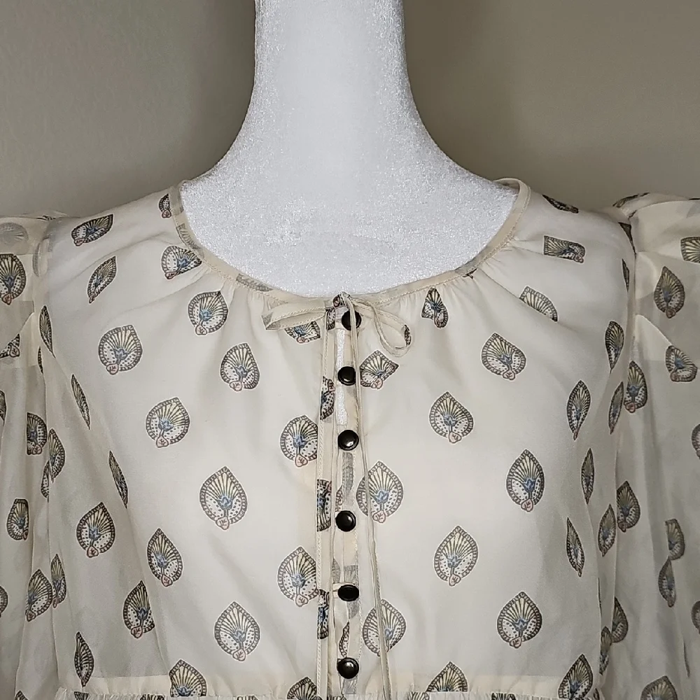 Anthropologie Sheer Puff Sleeve Leaf Print Blouse Women's Medium